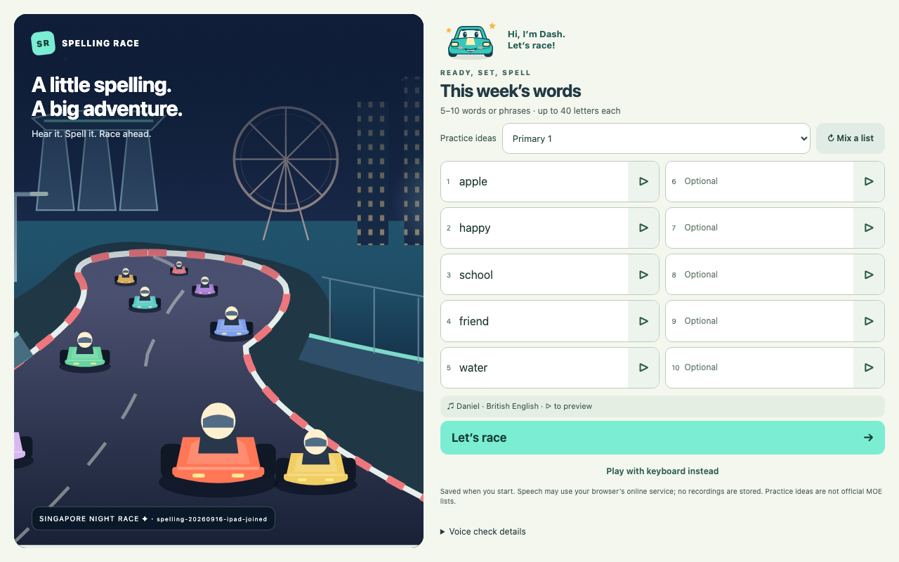 Spelling Race’s Singapore night scene and weekly spelling-list setup